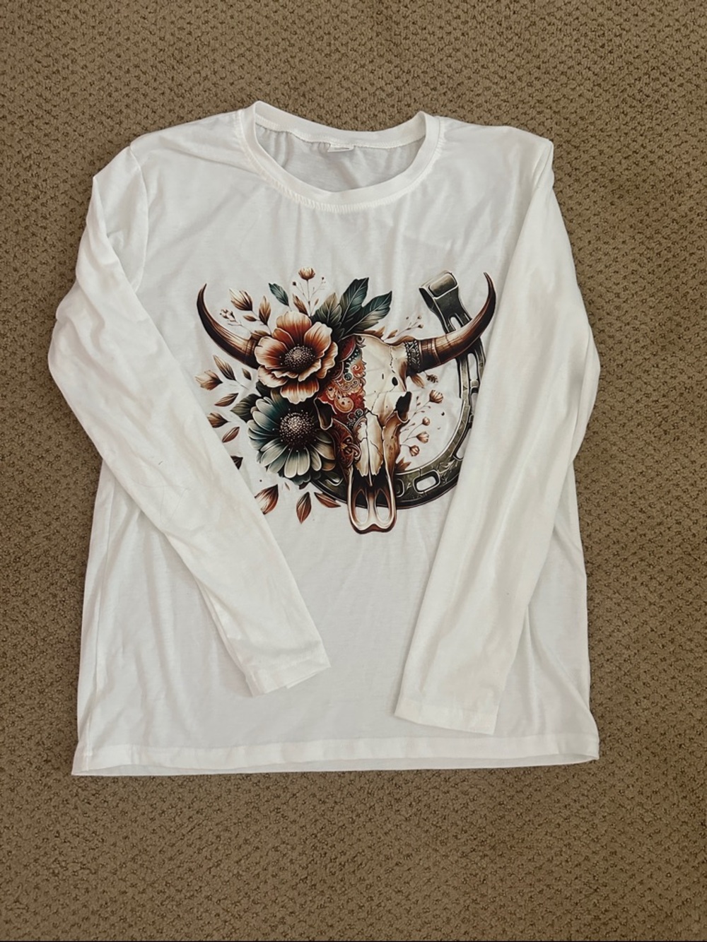 White Long Sleeve Graphic Tee with Floral Bull Skull